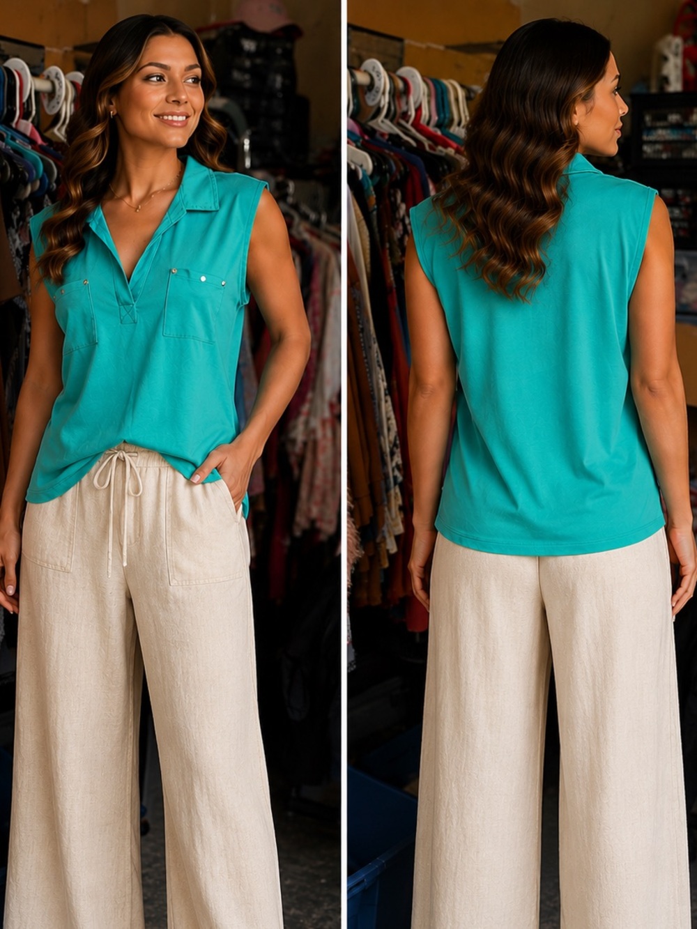 Ashley Blue Sleeveless V-Neck Top in Teal